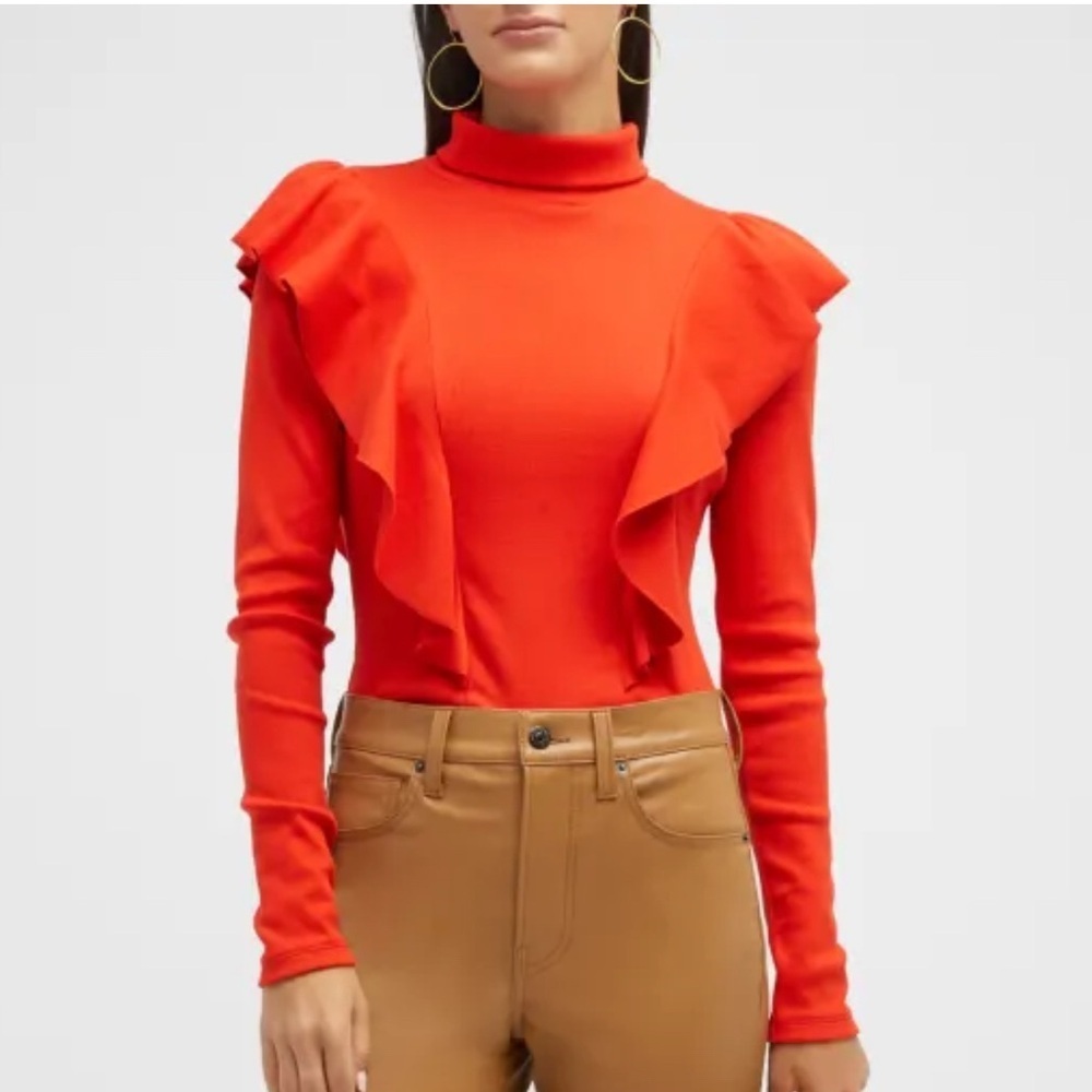 VERONICA BEARD Freida ruffled stretch-Pima cotton-jersey turtleneck top Sz XS